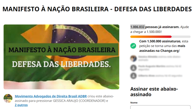 Carta pró-democracia de grupo de direita bate 1 milhão de assinaturas