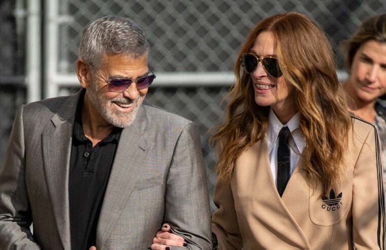 Julia Roberts e George Clooney combinam de terno na turnê de imprensa