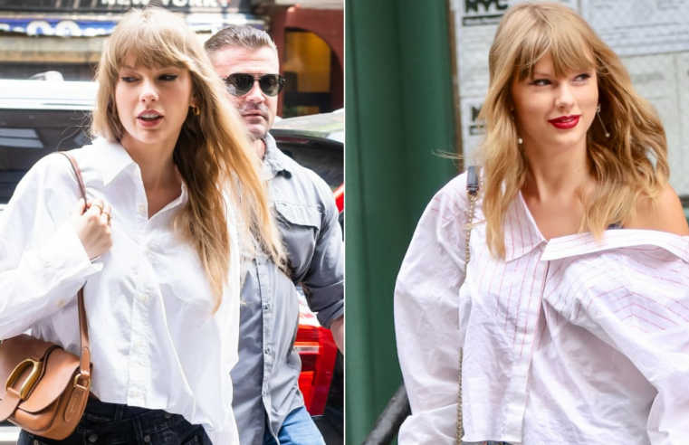 Taylor Swift usa shorts jeans R13 e botões brancos